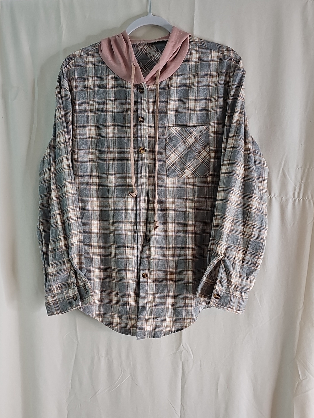Women's Plaid Button-Up Shirt with Pink Hood